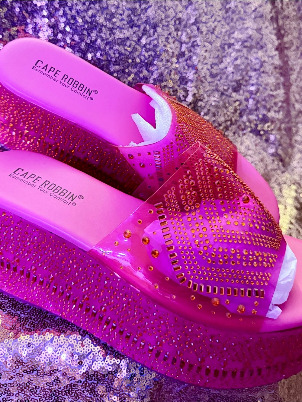 Cape Robbin Hot Pink Jeweled Platform Slide Mules